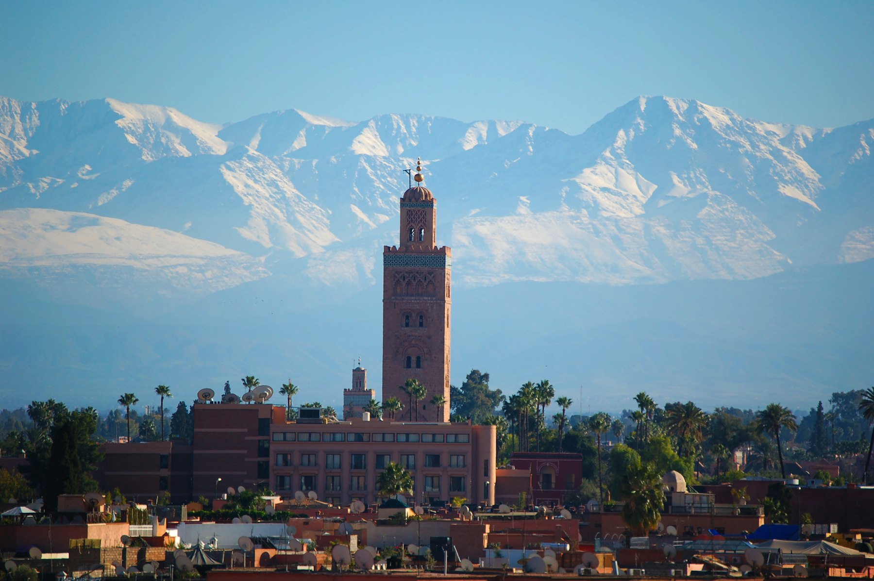 Marrakech and the Koutoubia minaret with the Atlas mountains