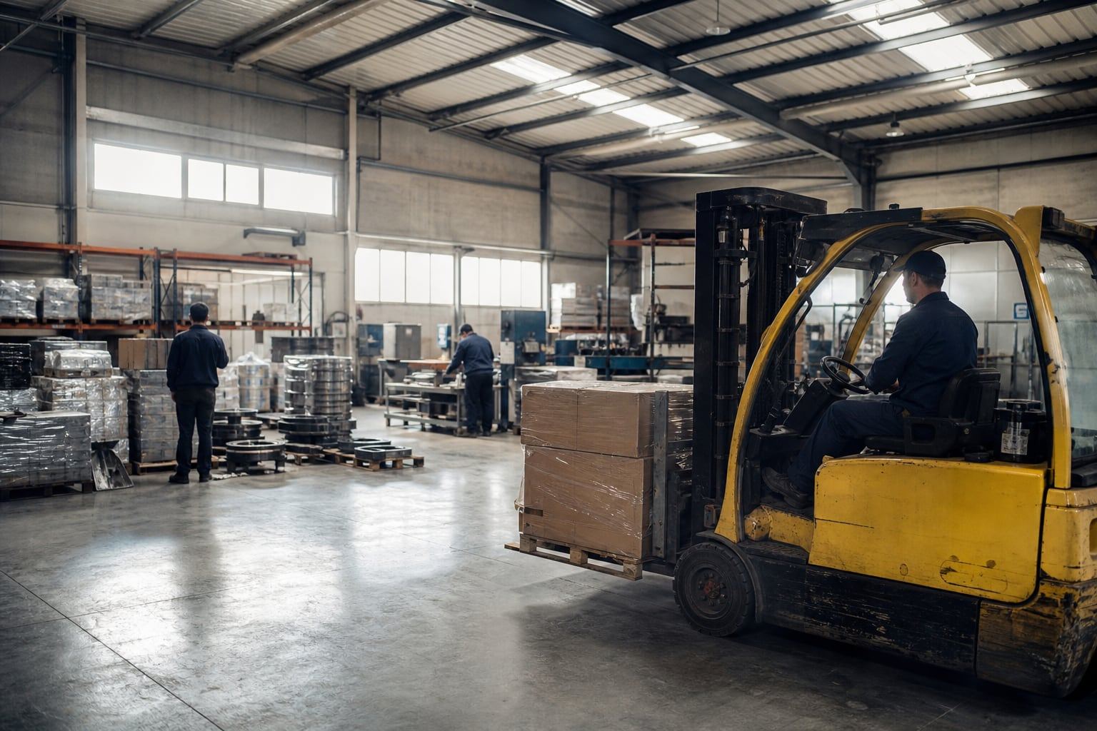 Industrial equipment and materials in a warehouse