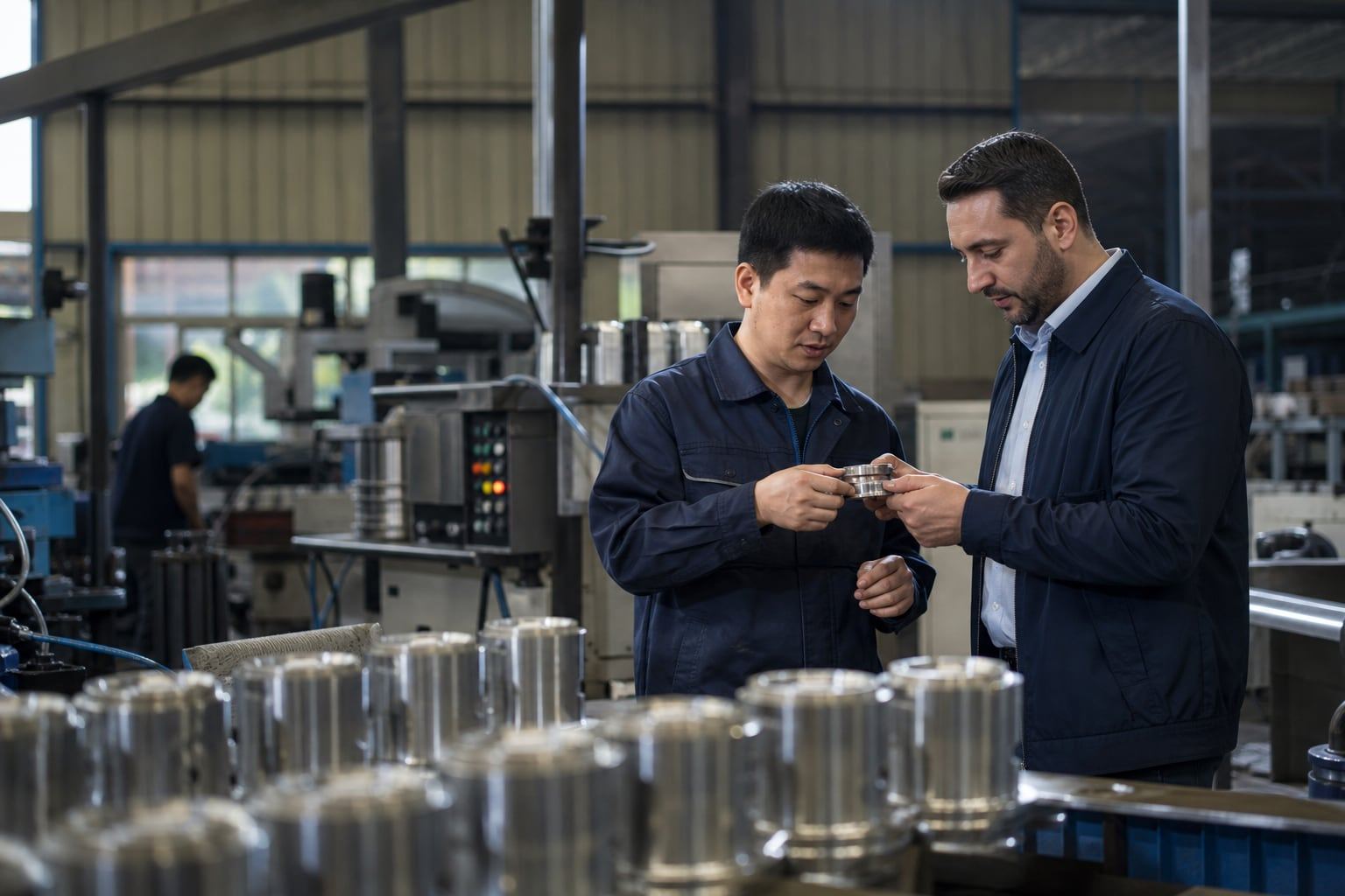 Business representatives reviewing production in an Asian factory